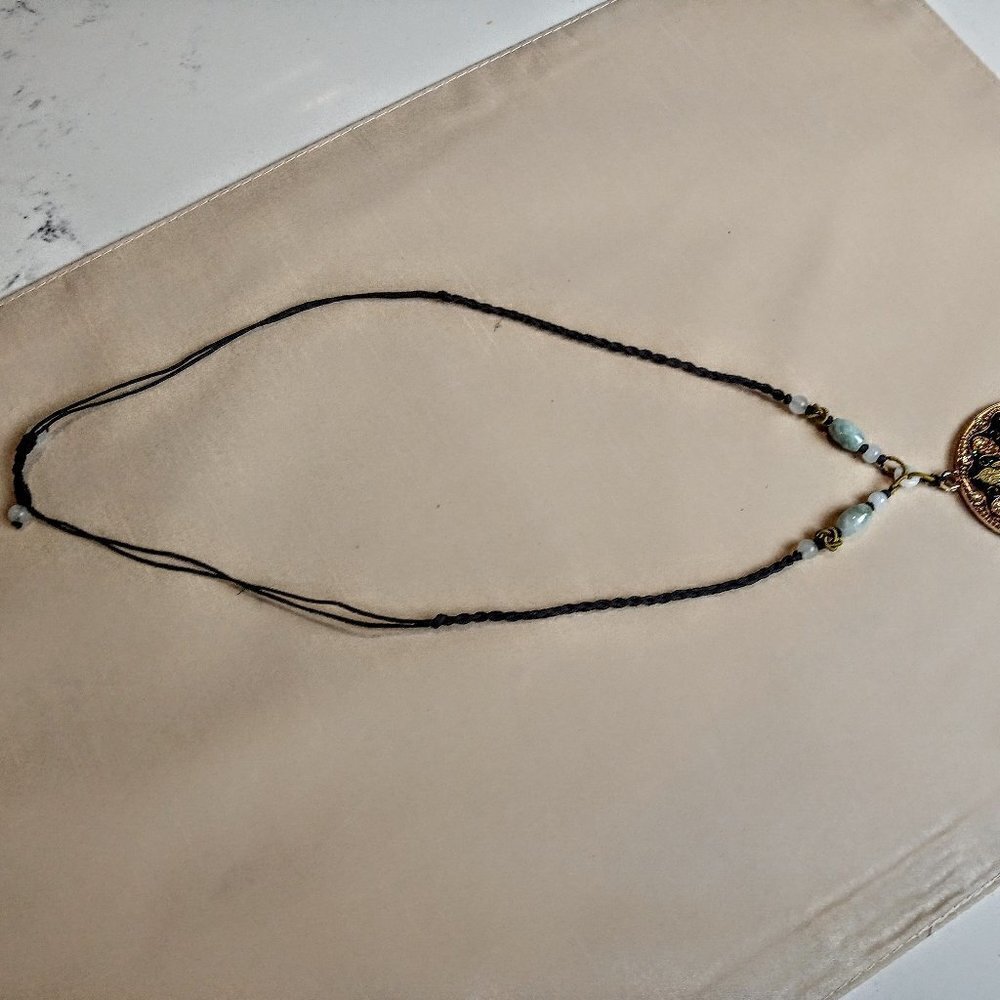Chinese Glass Starburst Pendant Green Jade Beads Braided Silk Cord - Picture 5 of 6